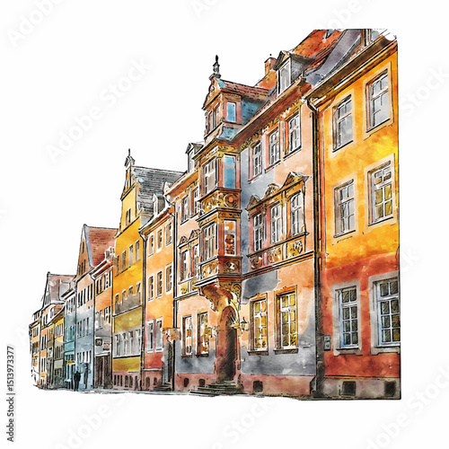 Artistic Watercolor Style Old Town European Building Architecture Illustration