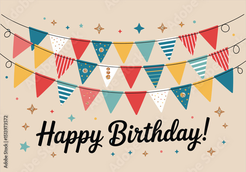 Birthday Celebration Colorful Bunting Flags, Party Decor Greeting Card Vectors Illustrations