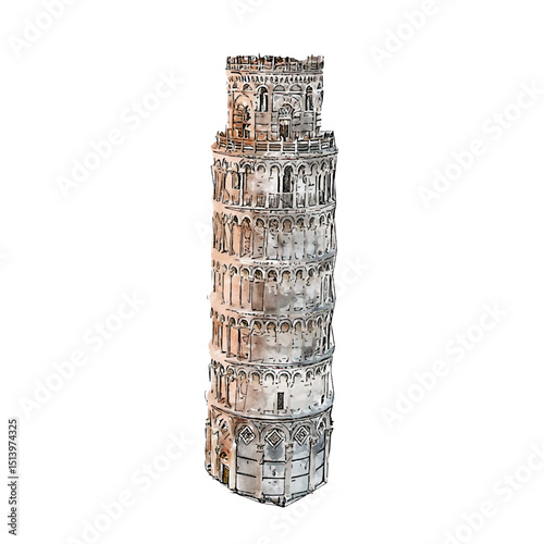 Artistic Watercolor Leaning Tower of Pisa Landmark in Italy Illustration