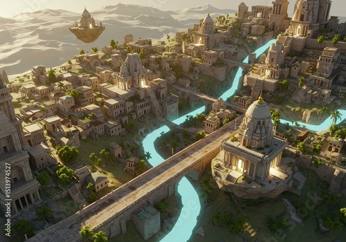 Ancient city with floating islands, flowing turquoise river