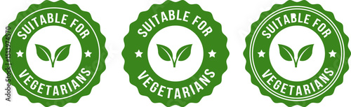 Three green labels with the words sustainable for vegetarians