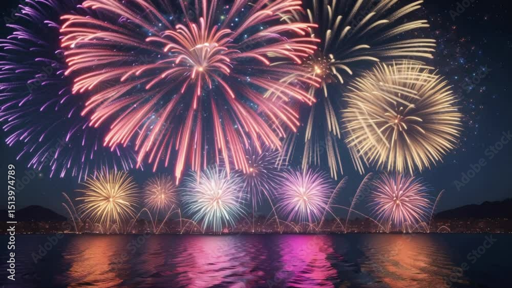 Spectacular fireworks display over calm water at night