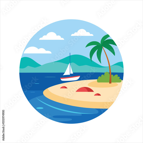  Beach and Yacht Vector Illustration Isolated on White