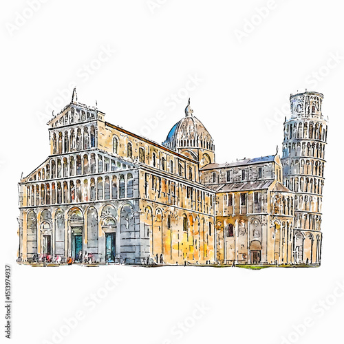 Artistic Watercolor Painting of Pisa Cathedral and Leaning Tower Italy