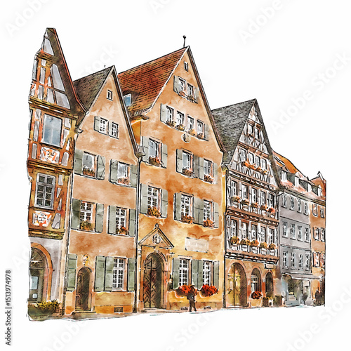 Watercolor Style Detailed Old Town Architecture Building Facades Illustration