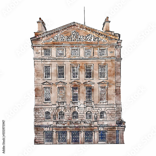 Artistic Watercolor Painting of Classic Architecture Building Facade in London