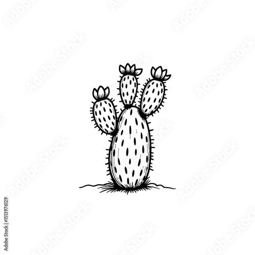 A detailed black and white illustration of a blooming cactus, capturing the rugged beauty of the desert plant.
