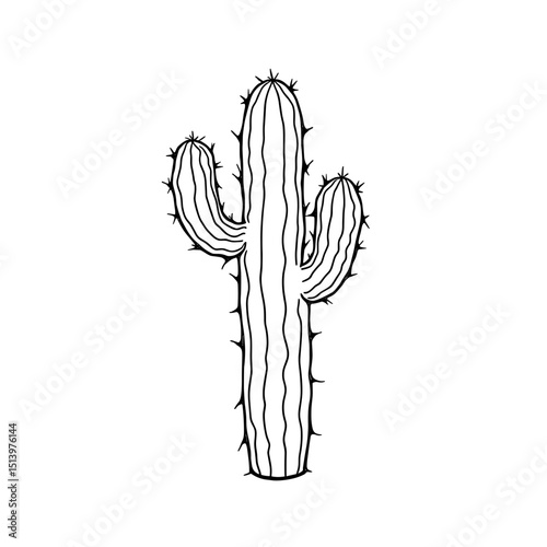A minimalistic line art of a majestic cactus, rendered in black and white, evoking a sense of the desert's stark beauty and resilience. 