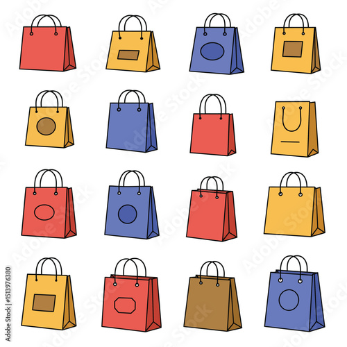 Branded retail shopping bags semi flat colour vector objects. Packaging for gift, clothes. Editable cartoon clip art icons on white. Simple spot illustration for web graphic design and animation