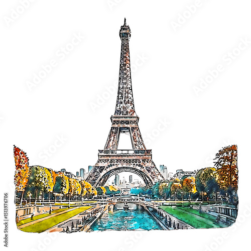 Watercolor Artistic Eiffel Tower Paris Landmark Scenic Travel Destination