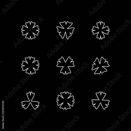 set of clover icon with three and four petals white outline shamrock plant on black background floral decoration elements good luck charm vector