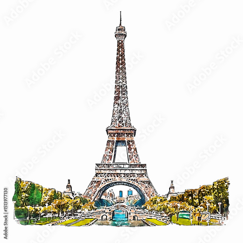 Artistic Watercolor Eiffel Tower Landmark Illustration and Parisian Cityscape View