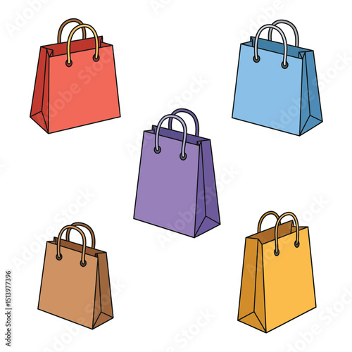 Branded retail shopping bags semi flat colour vector objects. Packaging for gift, clothes. Editable cartoon clip art icons on white. Simple spot illustration for web graphic design and animation