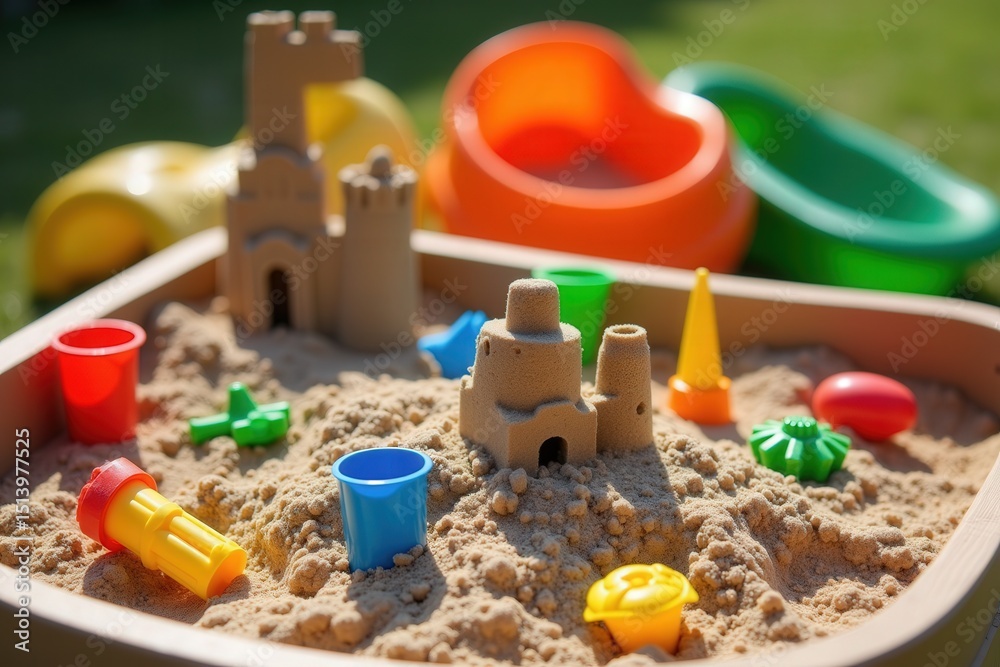Children's sandcastle play in colorful sandbox Children's sandcastle play in colorful sandbox