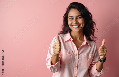 Portrait of cheerful Indian woman in her 30s showing thumb up gesture. Happy smiling female shows approval and agreement. Positive body language on pastel color background. Success concept.