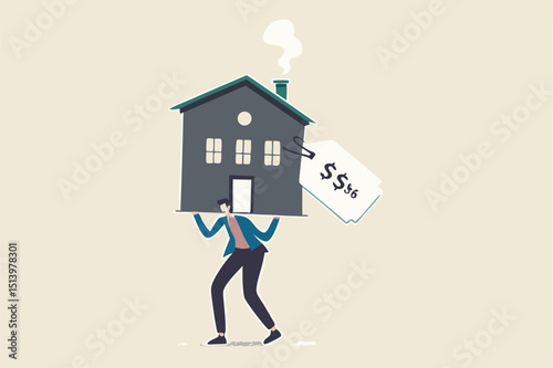 Overpay in real estate and house mortgage, too much invest or expense to pay for debt and loan in economic crisis concept, tried depressed office worker man carrying house with expensive price tag.