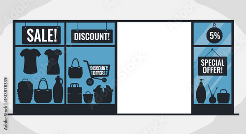 Sale and discount window display with various shopping items and offers  