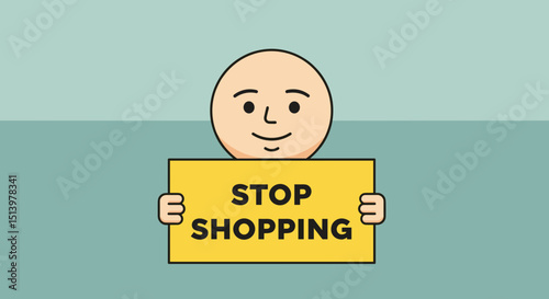 Cartoon character holding a sign that says "Stop Shopping" for sales event  