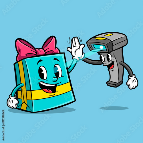 Cartoon gift box character greeting scanner device in playful manner