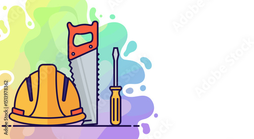 Construction tools including hard hat, saw, and screwdriver on background  
