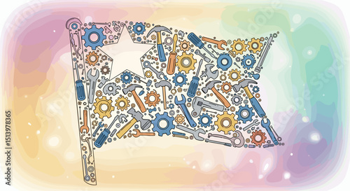 Flag made of colorful gears and tools in abstract style, labor day  