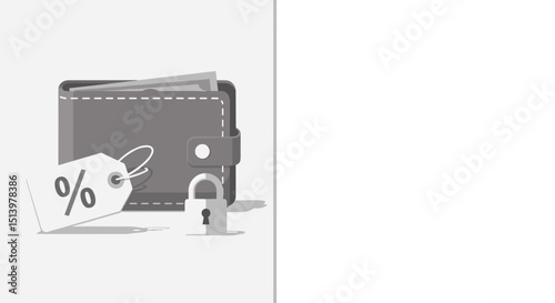 Locked wallet and broken discount tag, gray muted colors on left, blank background on right 