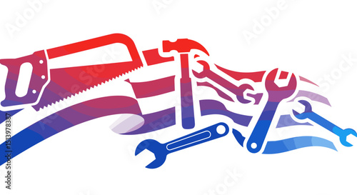 Tools silhouette with saw and wrenches in red and blue colors  