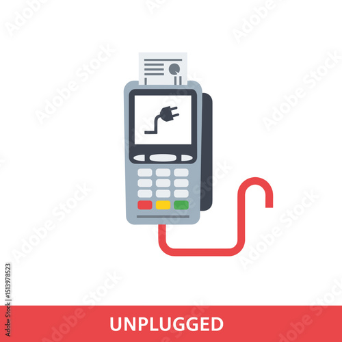 Unplugged payment terminal with electric plug image on white background, end of sale concept  
