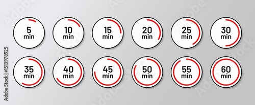 Timer in circle shape. Cooking indicators in flat design. Set of clocks with different minutes. Stopwatches icons. Countdown timer symbols. Chronometer deadline. Vector illustration.