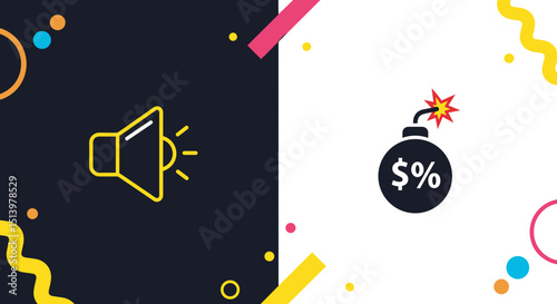 Colorful vector illustration of sound and bomb symbols on background  