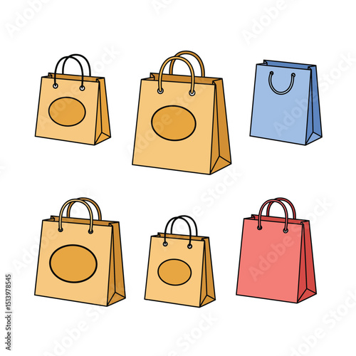 Branded retail shopping bags semi flat colour vector objects. Packaging for gift, clothes. Editable cartoon clip art icons on white. Simple spot illustration for web graphic design and animation