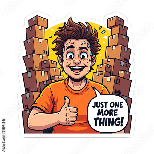 Person with stacks of boxes saying “Just One More Thing”, Black Friday sales concept
