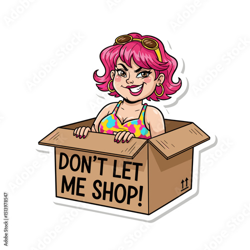 Cartoon woman with pink hair in box saying "Don't let me shop"  