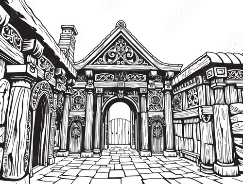 Antique wood architecture, the patterns are made with wood carvings. Hand drawn vector illustration