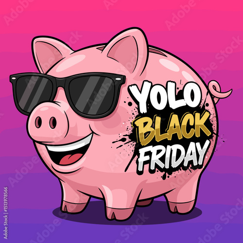 Cartoon piggy bank with sunglasses and Black Friday text  