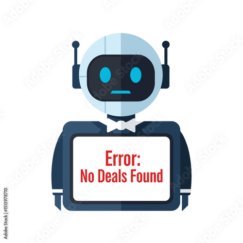 Cartoon robot showing “Error: No Deals Found” on screen, joking Anti-Sale Theme