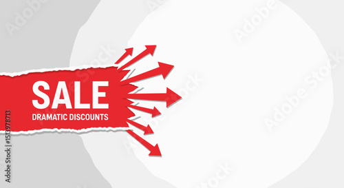 Sale banner with arrows indicating dramatic discounts and promotions, copy space 