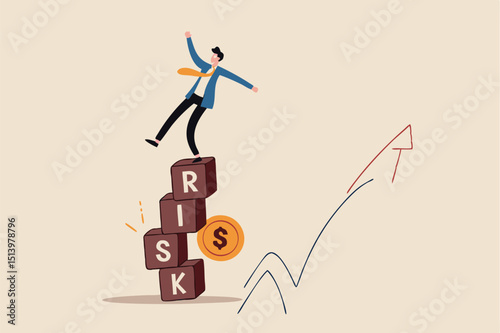 Investment risk, volatility and fluctuation in stock market that price will drop, stability and uncertainty concept, businessman investor falling from stack block with word RISK impact by money coin.