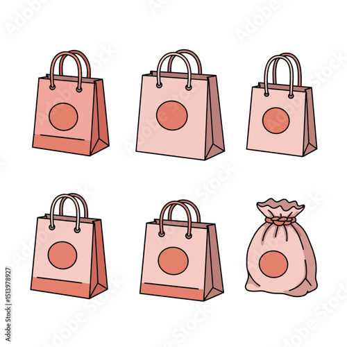 Branded retail shopping bags semi flat colour vector objects. Packaging for gift, clothes. Editable cartoon clip art icons on white. Simple spot illustration for web graphic design and animation