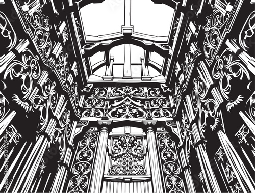 Antique wood architecture, the patterns are made with wood carvings. Hand drawn vector illustration