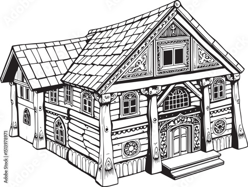 Antique wood architecture, the patterns are made with wood carvings. Hand drawn vector illustration