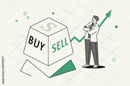 Investment decision in volatile stock market, risk assessment to hold and do nothing, sell or buy concept, rolling dice with the word buy, sell and do nothing with thinking investor on chart and graph