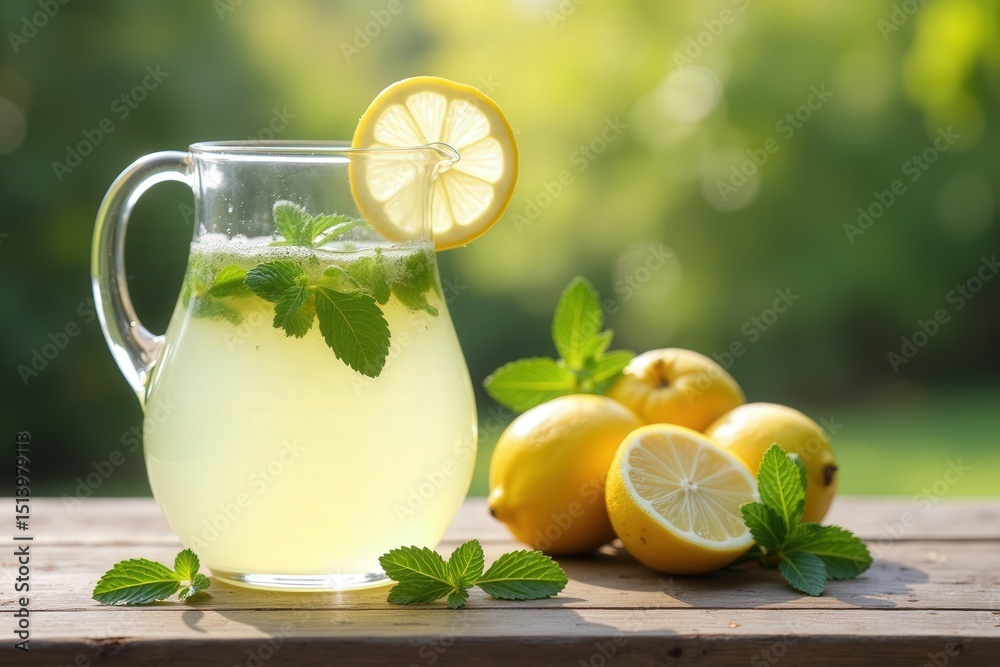 Fototapeta premium Refreshing lemonade with mint lemons in garden setting