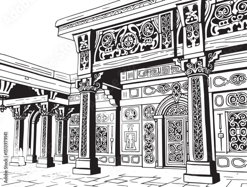 Antique wood architecture, the patterns are made with wood carvings. Hand drawn vector illustration