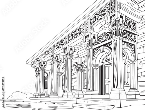 Antique wood architecture, the patterns are made with wood carvings. Hand drawn vector illustration