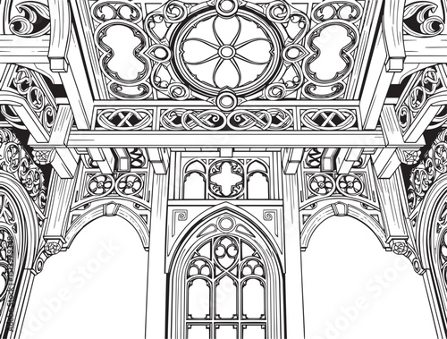 Antique wood architecture, the patterns are made with wood carvings. Hand drawn vector illustration
