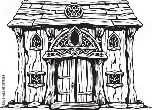 Antique wood architecture, the patterns are made with wood carvings. Hand drawn vector illustration