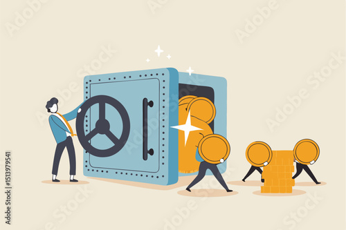 Passive income, easy money earning from investment or stock dividend and profit to be financial freedom concept, relax businessman open safe with wealthy treasure inside and money coins walking in.