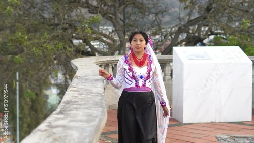 Latin woman wearing traditional andean dress posing in a park