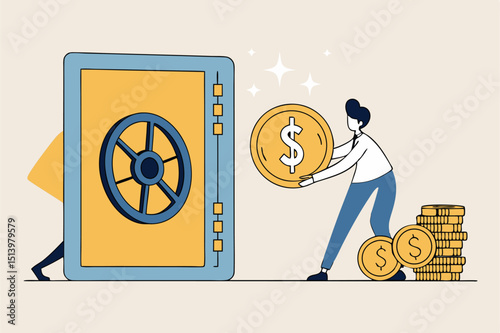 Passive income, easy money earning from investment or stock dividend and profit to be financial freedom concept, relax businessman open safe with wealthy treasure inside and money coins walking in.